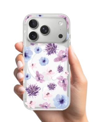 Etui do iPhone 17 Pro z MagSafe przeźroczyste, silikonowe Flexi, kwiatki niebieskie, fioletowe