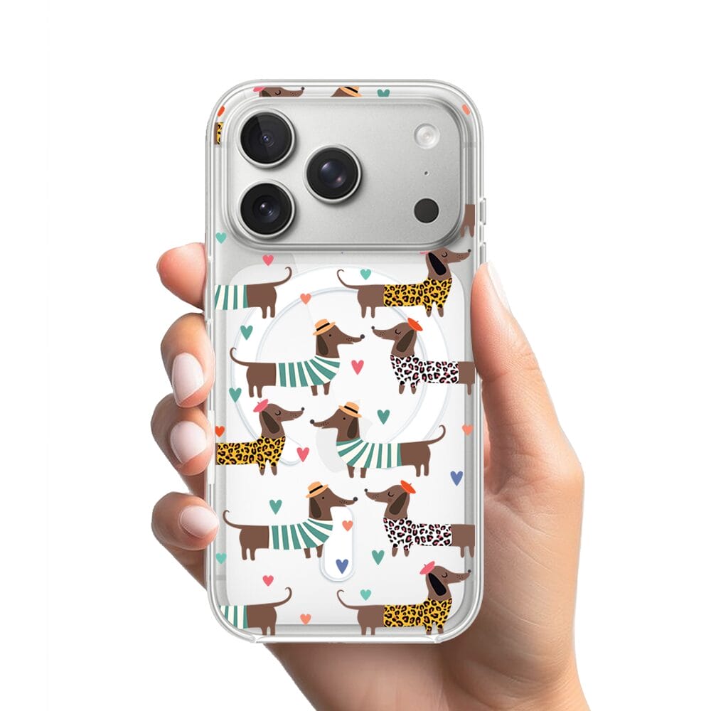 Etui do iPhone 17 Pro z MagSafe przeźroczyste, silikonowe Flexi, Summer Patterns, zakochane jamniki - obrazek 2