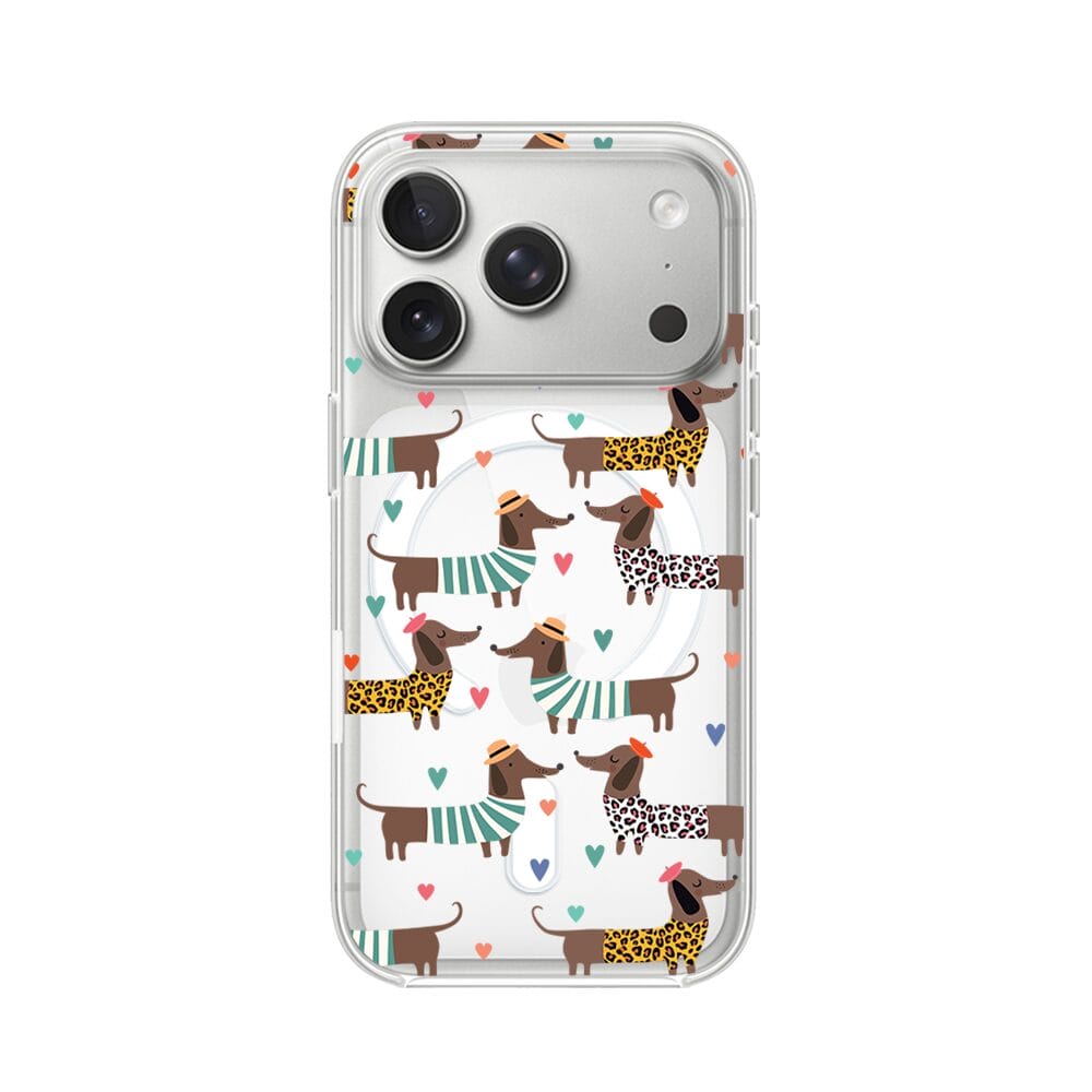 Etui do iPhone 17 Pro z MagSafe przeźroczyste, silikonowe Flexi, Summer Patterns, zakochane jamniki