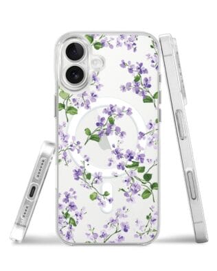 Etui do iPhone 17 z MagSafe przeźroczyste, silikonowe Flexi, Fioletowe Bratki