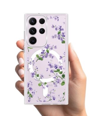 Etui do Samsung Galaxy S23 Ultra z MagSafe przeźroczyste, silikonowe Flexi, Fioletowe Bratki