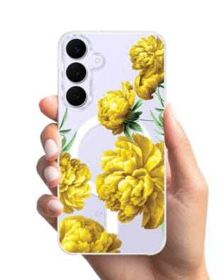 Etui do Samsung Galaxy S25 FE z MagSafe przeźroczyste, silikonowe Flexi, żółte piwonie