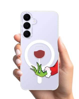 Etui do Samsung Galaxy S25 FE z MagSafe przeźroczyste, silikonowe Flexi, Zielony psotnik z lampką wina