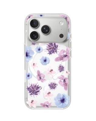 Etui do iPhone 17 Pro z MagSafe przeźroczyste, silikonowe Flexi, kwiatki niebieskie, fioletowe