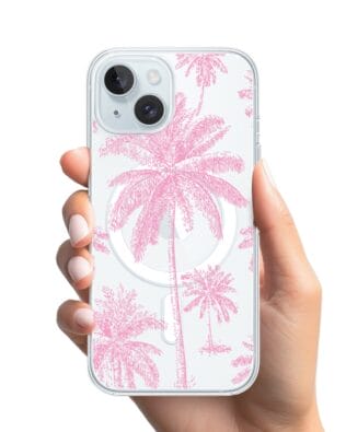 Etui do iPhone 15 Plus z MagSafe przeźroczyste, silikonowe Flexi, Mystic, Różowe palmy