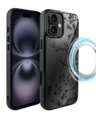 Etui do iPhone 16 IBIZU DropGuard Matt z MagSafe, Midnight, Dotyk kwiatów