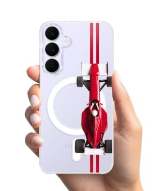 Etui do Samsung Galaxy S25 FE z MagSafe przeźroczyste, silikonowe Flexi, Szybkie Auta, czerwone F1