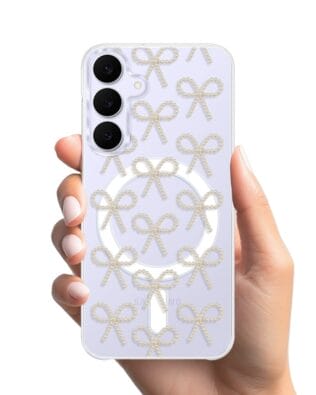 Etui do Samsung Galaxy S25 FE z MagSafe przeźroczyste, silikonowe Flexi, Przytulne święta, złote kokardki