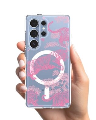 Etui do Samsung Galaxy S25 Ultra z MagSafe przeźroczyste, silikonowe Flexi, Mystic, Różowe tygrysy