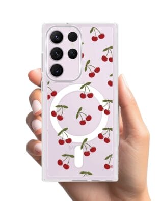 Etui do Samsung Galaxy S23 Ultra z MagSafe przeźroczyste, silikonowe Flexi, Mini Patterns, Wiśnie