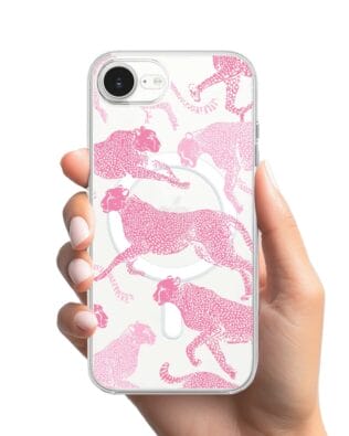 Etui do iPhone 16e z MagSafe przeźroczyste, silikonowe Flexi, Mystic, Różowe pumy