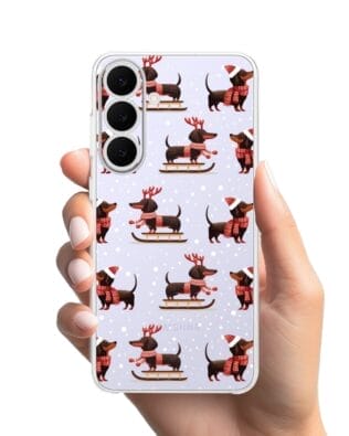 Etui do Samsung Galaxy S25 FE przeźroczyste, silikonowe Flexi, Przytulne święta, Jamniki na saniach