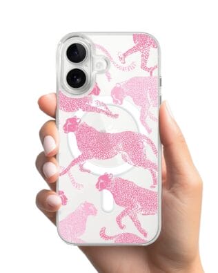 Etui do iPhone 16 Plus z MagSafe przeźroczyste, silikonowe Flexi, Mystic, Różowe pumy