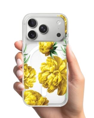 Etui do iPhone 17 Pro z MagSafe przeźroczyste, silikonowe Flexi, żółte piwonie