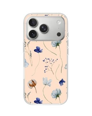 Etui do iPhone 17 Pro z MagSafe przeźroczyste, silikonowe Flexi, Summer Patterns, kwiatki niebieskie na pudrowym tle