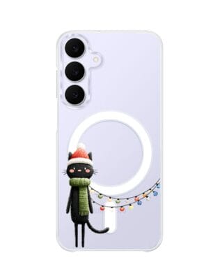 Etui do Samsung Galaxy S25 FE z MagSafe przeźroczyste, silikonowe Flexi, Przytulne święta, Kot przebrany za elfa