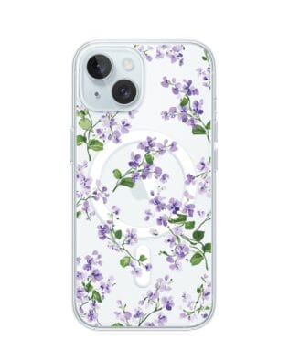 Etui do iPhone 15 Plus z MagSafe przeźroczyste, silikonowe Flexi, Fioletowe Bratki