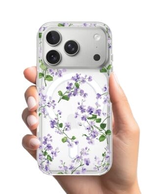 Etui do iPhone 17 Pro z MagSafe przeźroczyste, silikonowe Flexi, Fioletowe Bratki