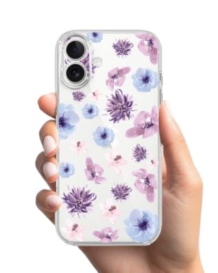 Etui do iPhone 17 przeźroczyste, silikonowe Flexi, kwiatki niebieskie, fioletowe