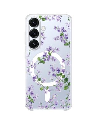 Etui do Samsung Galaxy S25 z MagSafe przeźroczyste, silikonowe Flexi, Fioletowe Bratki