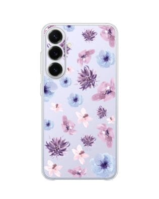 Etui do Samsung Galaxy S25 FE przeźroczyste, silikonowe Flexi, kwiatki niebieskie, fioletowe