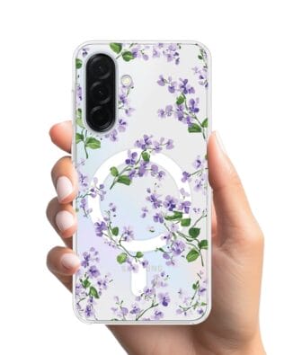 Etui do Samsung Galaxy A36 5G z MagSafe przeźroczyste, silikonowe Flexi, Fioletowe Bratki