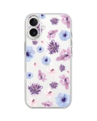 Etui do iPhone 17 przeźroczyste, silikonowe Flexi, kwiatki niebieskie, fioletowe