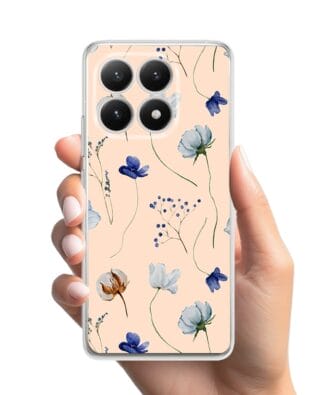 Etui do Xiaomi 15T przeźroczyste, silikonowe Flexi, Summer Patterns, kwiatki niebieskie na pudrowym tle