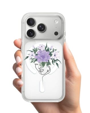 Etui do iPhone 17 Pro Max z MagSafe przeźroczyste, silikonowe Flexi, kobieta z Kwiatami