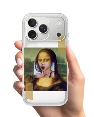 Etui do iPhone 17 Pro przeźroczyste, silikonowe Flexi, Mona lisa z lizakiem