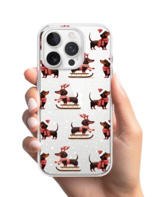 Etui do iPhone 15 Pro przeźroczyste, silikonowe Flexi, Przytulne święta, Jamniki na saniach