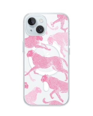 Etui do iPhone 15 Plus z MagSafe przeźroczyste, silikonowe Flexi, Mystic, Różowe pumy