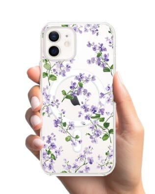 Etui do iPhone 12 z MagSafe przeźroczyste, silikonowe Flexi, Fioletowe Bratki