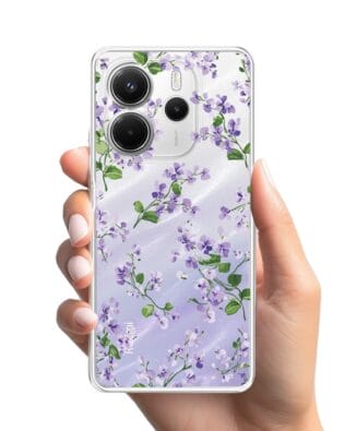 Etui do Xiaomi Redmi Note 14 5G przeźroczyste, silikonowe Flexi, Fioletowe Bratki