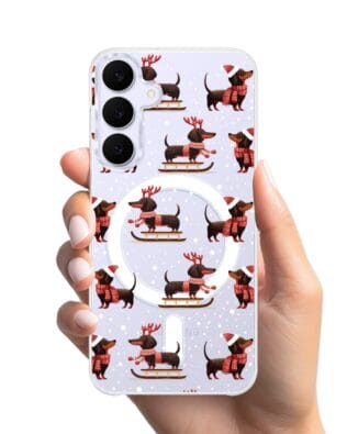 Etui do Samsung Galaxy S25 FE z MagSafe przeźroczyste, silikonowe Flexi, Przytulne święta, Jamniki na saniach