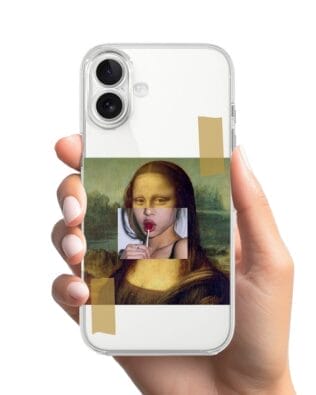 Etui do iPhone 17 przeźroczyste, silikonowe Flexi, Mona lisa z lizakiem