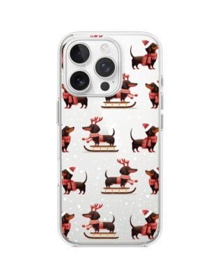 Etui do iPhone 15 Pro przeźroczyste, silikonowe Flexi, Przytulne święta, Jamniki na saniach