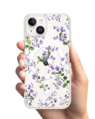 Etui do iPhone 13 Mini z MagSafe przeźroczyste, silikonowe Flexi, Fioletowe Bratki