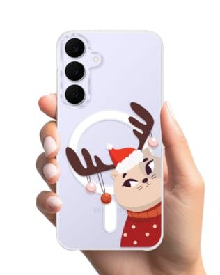 Etui do Samsung Galaxy S25 FE z MagSafe przeźroczyste, silikonowe Flexi, Kotek przebrany za reniferka