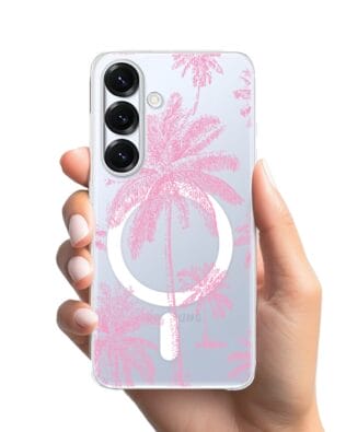 Etui do Samsung Galaxy S25 z MagSafe przeźroczyste, silikonowe Flexi, Mystic, Różowe palmy