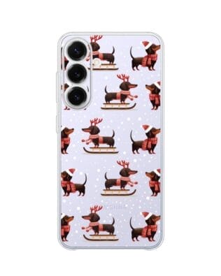 Etui do Samsung Galaxy S25 FE przeźroczyste, silikonowe Flexi, Przytulne święta, Jamniki na saniach