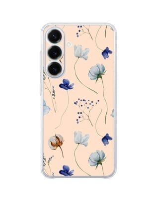 Etui do Samsung Galaxy S25 FE przeźroczyste, silikonowe Flexi, Summer Patterns, kwiatki niebieskie na pudrowym tle