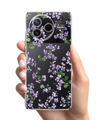 Etui do Xiaomi POCO F7 Pro przeźroczyste, silikonowe Flexi, Fioletowe Bratki