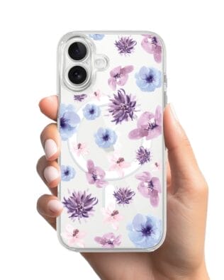 Etui do iPhone 17 z MagSafe przeźroczyste, silikonowe Flexi, kwiatki niebieskie, fioletowe
