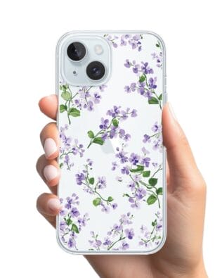 Etui do iPhone 15 Plus przeźroczyste, silikonowe Flexi, Fioletowe Bratki