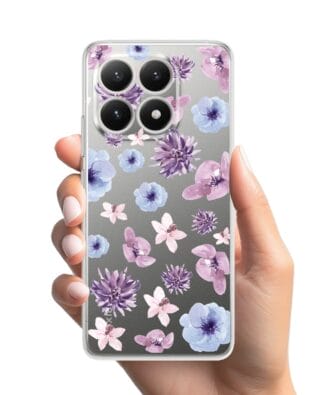 Etui do Xiaomi 15T przeźroczyste, silikonowe Flexi, kwiatki niebieskie, fioletowe