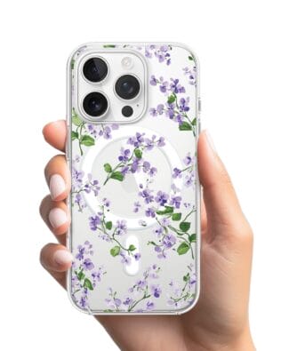 Etui do iPhone 15 Pro Max z MagSafe przeźroczyste, silikonowe Flexi, Fioletowe Bratki