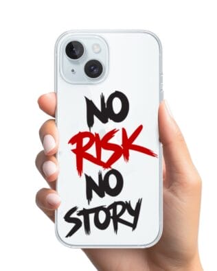 Etui do iPhone 15 Plus przeźroczyste, silikonowe Flexi, Positive Vibes, No Risk No Story