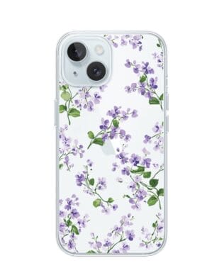 Etui do iPhone 15 Plus przeźroczyste, silikonowe Flexi, Fioletowe Bratki