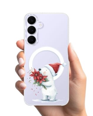 Etui do Samsung Galaxy S25 FE z MagSafe przeźroczyste, silikonowe Flexi, Przytulne święta, Miś świąteczny